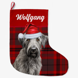 Irish Wolfhound Dog Red Holiday Plaid Personalized Stor Julstrumpa