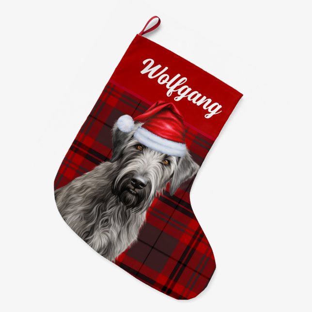 Irish Wolfhound Dog Red Holiday Plaid Personalized Stor Julstrumpa (Framsidan (Hängande))