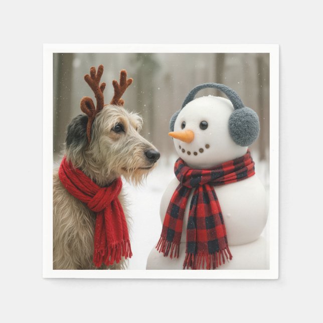 Irish Wolfhound Gazing at a Cute Snowman Pappersservett (Framsidan)