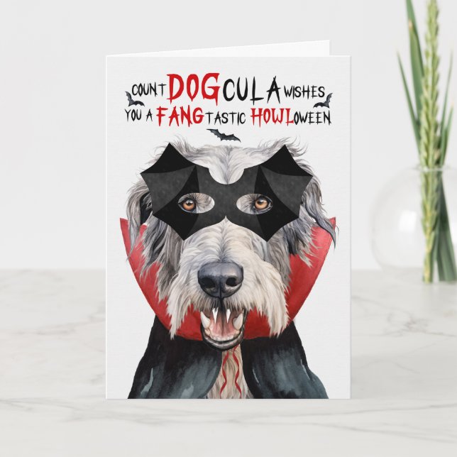 Irish Wolfhound Hund Funny Count DOGcula Halloween Helgkort (Framsida)