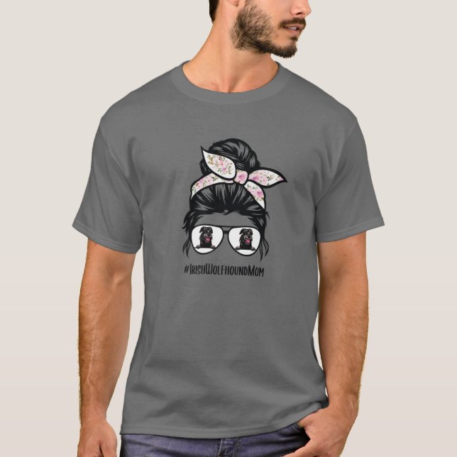 Irish Wolfhound Hund Mamma Messy Bun Hair Glasses  T Shirt (Framsida)