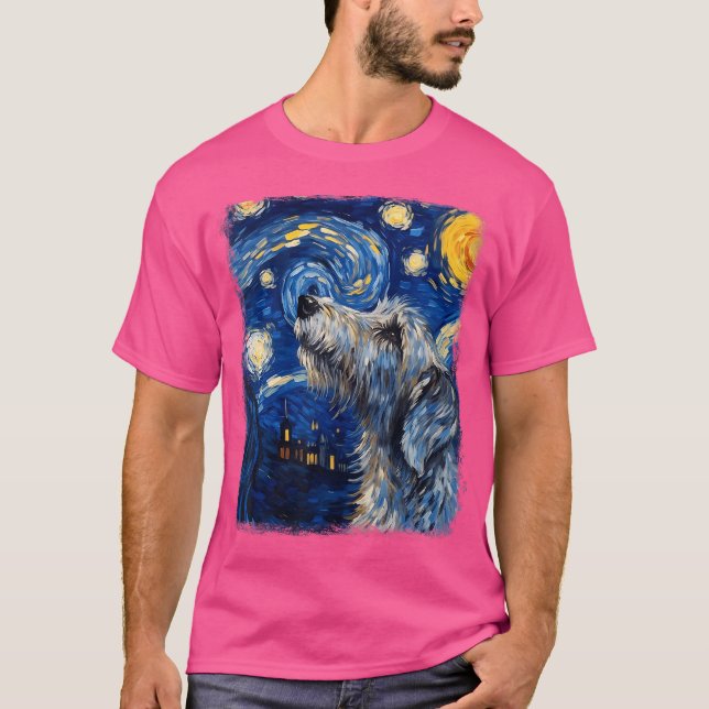 Irish Wolfhound Hund Starry Nattmålning T Shirt (Framsida)