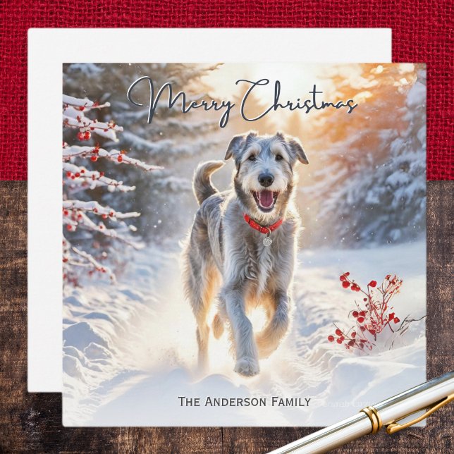 Irish Wolfhound Hund Walking Snö God jul Julkort (A personalized Christmas card with picture of an Irish Wolfhound out for a winter walk in the snow)