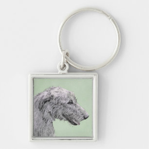 Irish Wolfhound Painting - Cute Original Hund Art Fyrkantig Silverfärgad Nyckelring