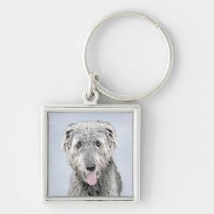Irish Wolfhound Painting - Cute Original Hund Art Fyrkantig Silverfärgad Nyckelring