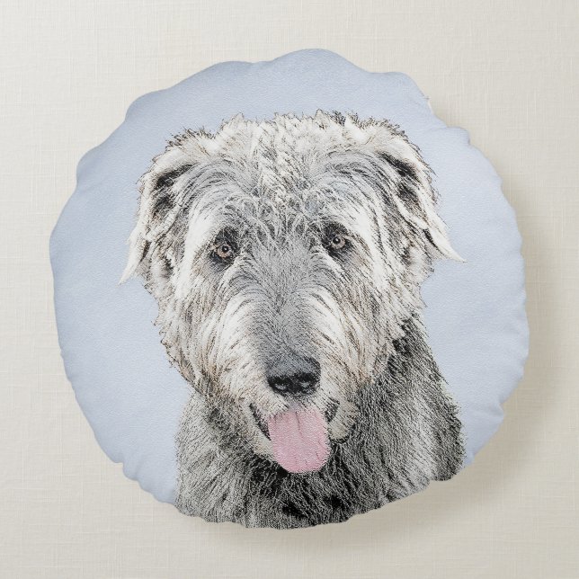 Irish Wolfhound Painting - Cute Original Hund Art Rund Kudde (Baksidan)