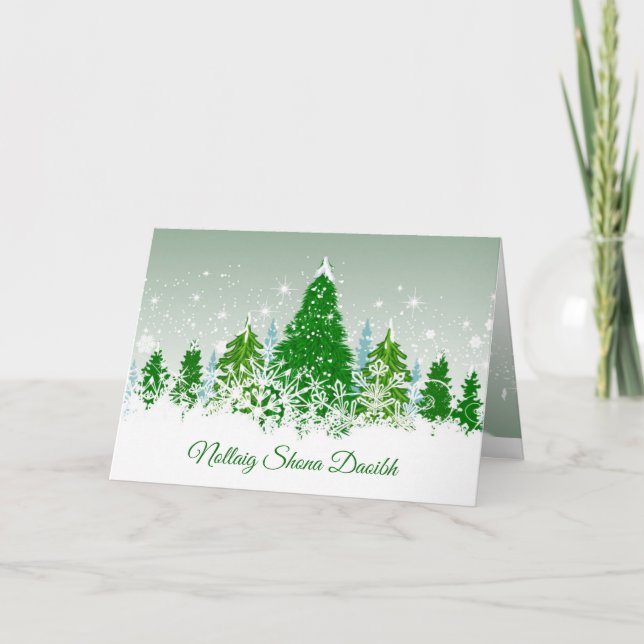 Iriska julen, snowy grönt fir träd helgkort (Framsida)
