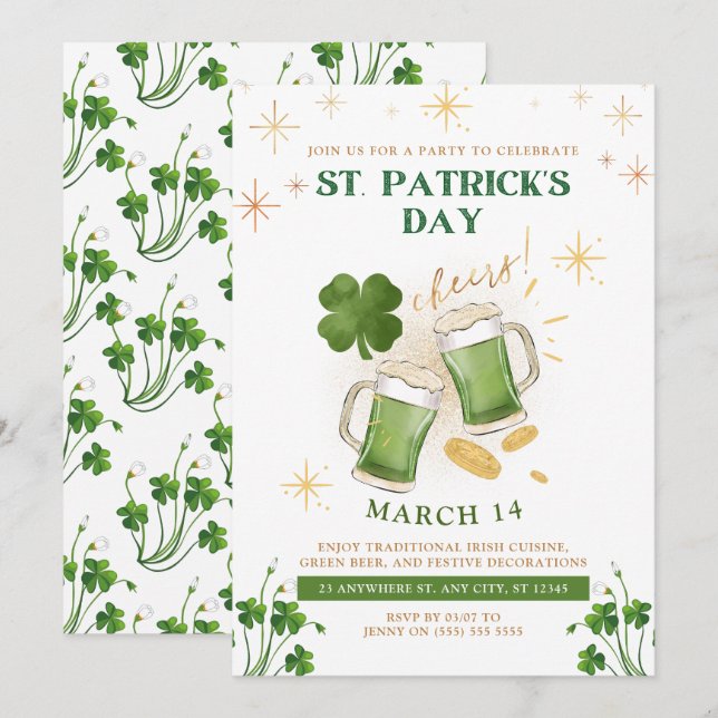 Iriska ölsemestrar & Gläd dig St. Patrick's Day-fi Inbjudningar (Fram/baksida)