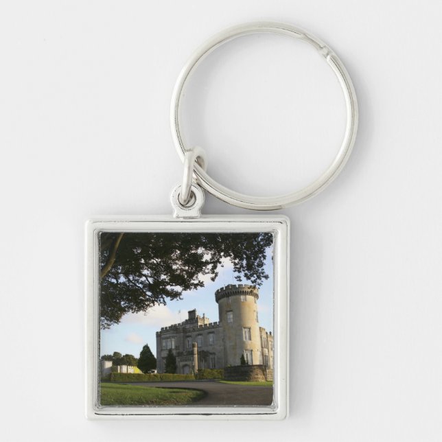 Irland, Dromoland Castle sidoingång. Fyrkantig Silverfärgad Nyckelring (Framsidan)