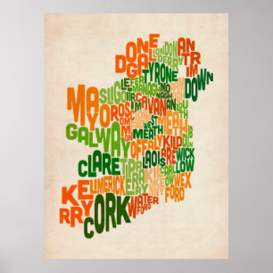 Irland Eire County Text Karta Poster