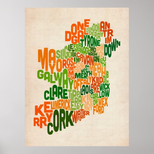 Irland Eire County Text Karta Poster (Framsidan)