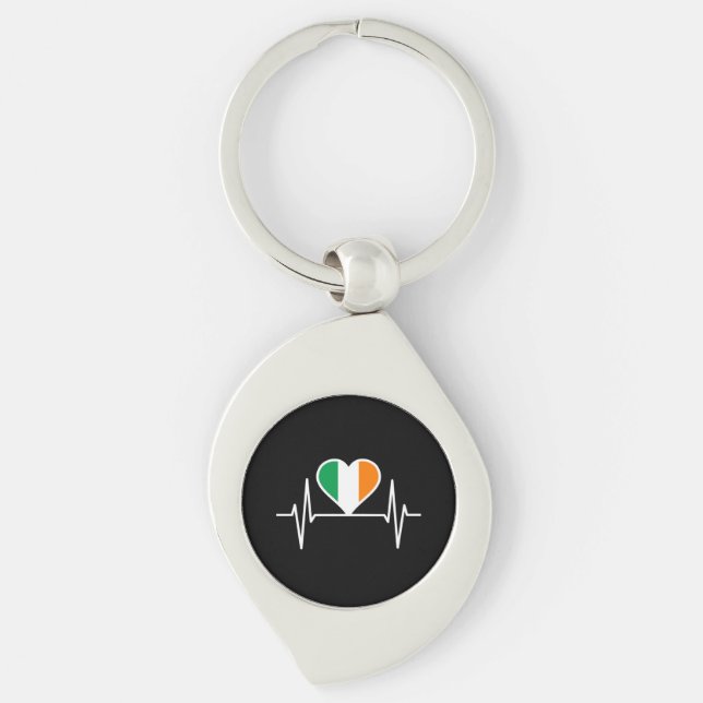 Irland Flagga Heartslag Swirl Silverfärgad Nyckelring (Framsidan)