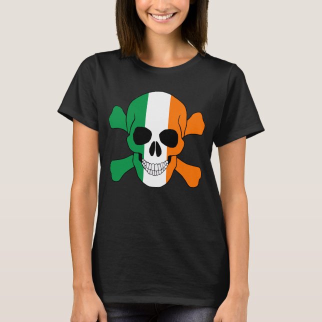 Irland Flagga Skull och korsskelettfrakt Tee Shirt (Framsida)