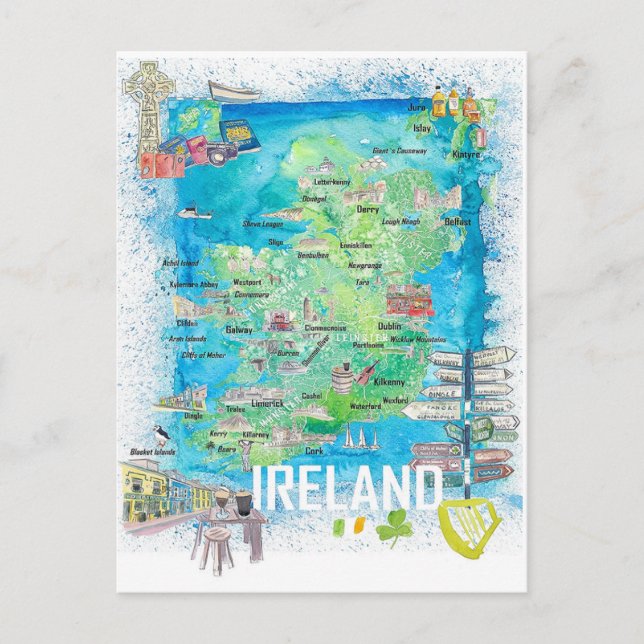 Irland Illustrated Travel Karta Vykort (Framsida)