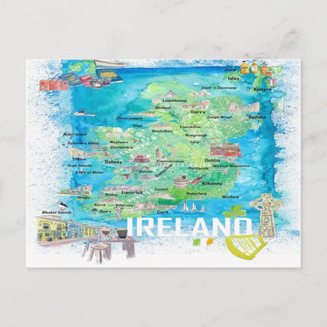 Irland illustrerade Karta med vägar Vykort (Framsida)