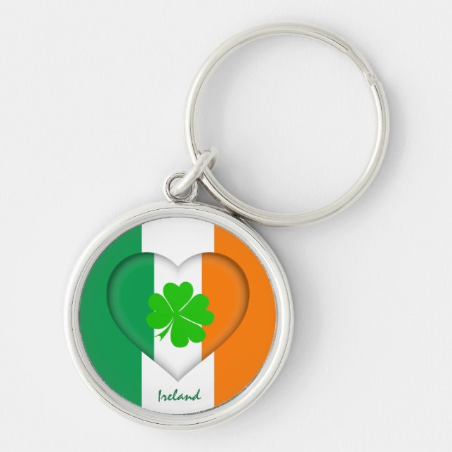 Irland & Irish Heart, Flagga tur klöver/schrock Rund Silverfärgad Nyckelring (Framsidan)