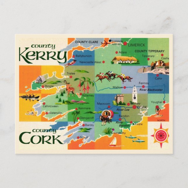 Irlands karta över Kerry & Cork Vykort (Framsida)