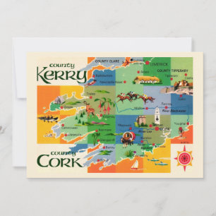 Irlands Kerry & Cork Karta 5x7 Stor Brevkort Tack Kort
