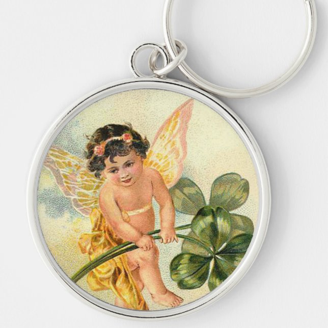 Irländsk ängel Keychain Rund Silverfärgad Nyckelring (Framsidan)