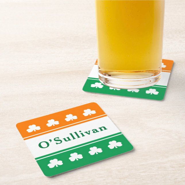 Irlandsk flagga Shamrock-monogram efternamn Underlägg Papper Kvadrat (Skapare uppladdad)