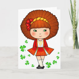 Irländsk flicka i röd klänning med shamrocks kort