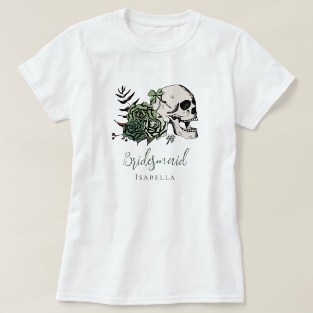 Irländsk gotisk grön dödskalle och rosar brudtärna t shirt (Design framsida)