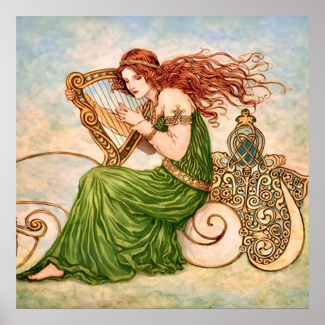 Irländsk gudinna spelar harpa – keltisk art nouvea poster (Framsidan)