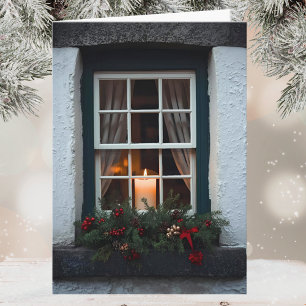 Irländsk julgransljus i fönstret God Jul Kort