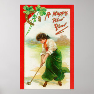 Irländsk kvinna omkring som slår golfballen poster