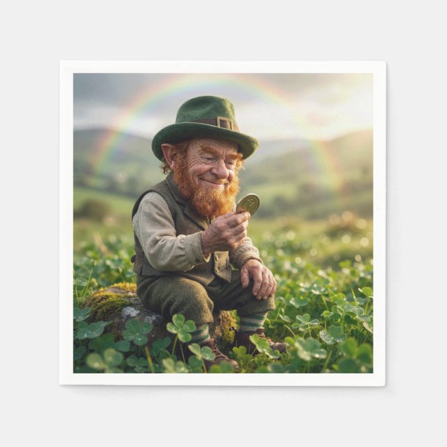 Irländsk Leprechaun beundrar ett guldmynt Pappersservett (Framsidan)