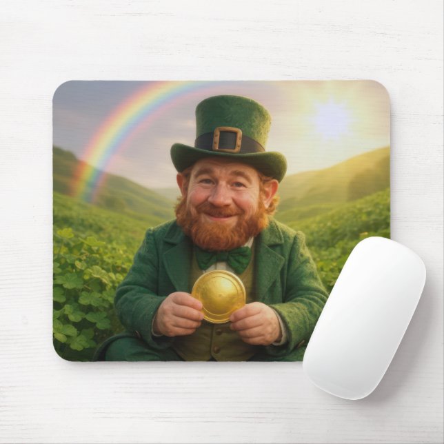 Irländsk Leprechaun Med Guldmynt Och Regnbåge Musmatta (Med mus)