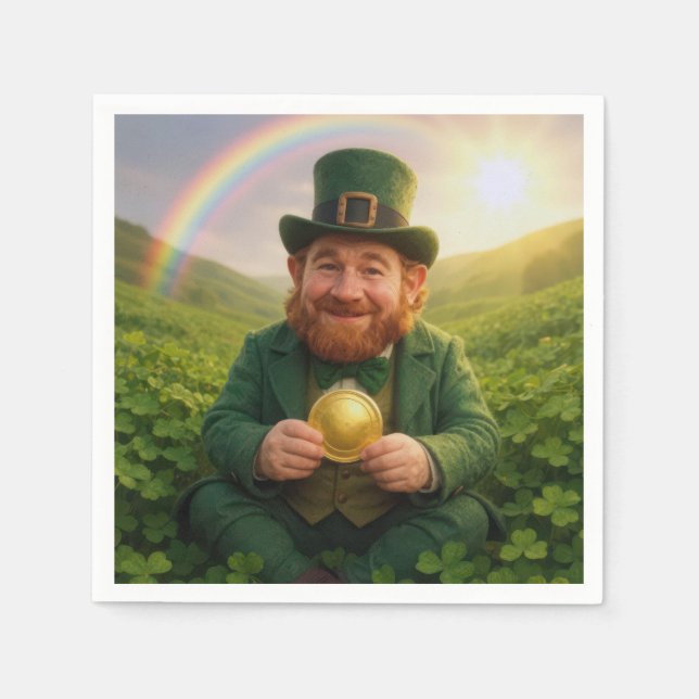 Irländsk Leprechaun med guldmynt och regnbåge Pappersservett (Framsidan)