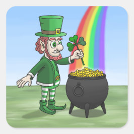 Irländsk leprechaun och krukan full med guld fyrkantigt klistermärke