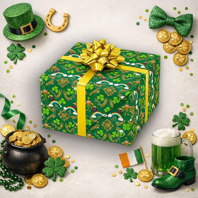 Irländsk Leprechaun Regnbåge Grön Keltisk Mönster Presentpapper (Skapare uppladdad)