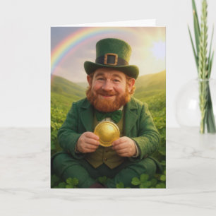 Irländsk Leprechaun som håller ett guldmynt Kort