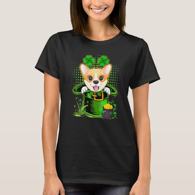 Irländsk Leprechaunhatt Corgi Hund St Patricks Day T Shirt (Framsida)