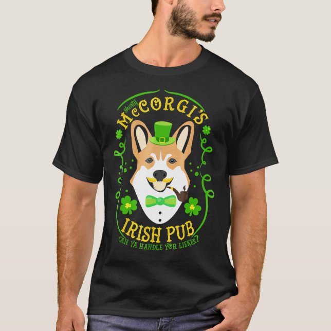 Irländsk Pub Corgi Kort St Patricks Day T-Shirt (Framsida)
