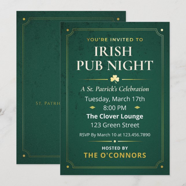 Irländsk Pubnatt Guld & Grön Vintage St Patrick Inbjudningar (Fram/baksida)