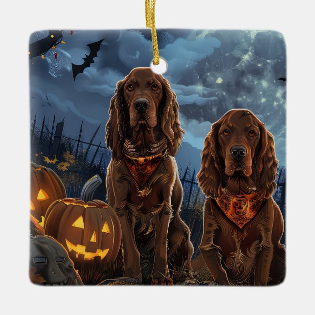 Irländsk Röd Setter Halloween Kuslig Julgransprydnad Keramik (Framsida)