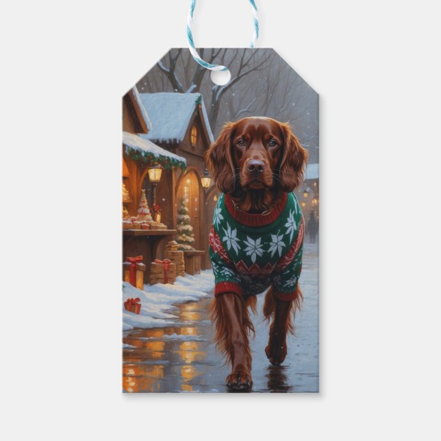 Irländsk röd setter hund jul snö högtid presentetikett (Framsidan)