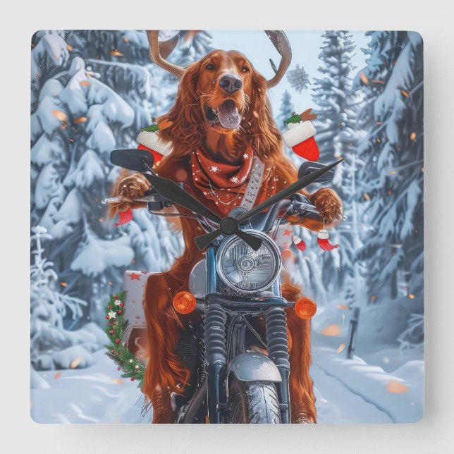 Irländsk Röd Setter Hund Kör Motorcykel Jul Fyrkantig Klocka (Framsida)