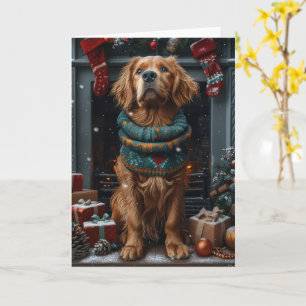Irländsk röd setter hund med julklapp braskamin kort