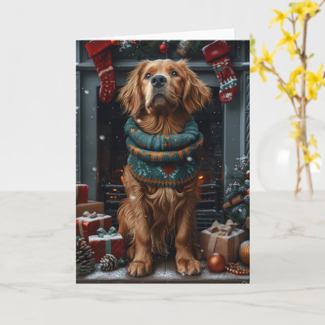 Irländsk röd setter hund med julklapp braskamin kort (Gul blomma)
