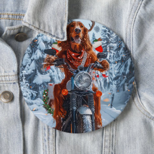 Irländsk röd setter hund som kör motorcykel jul knapp