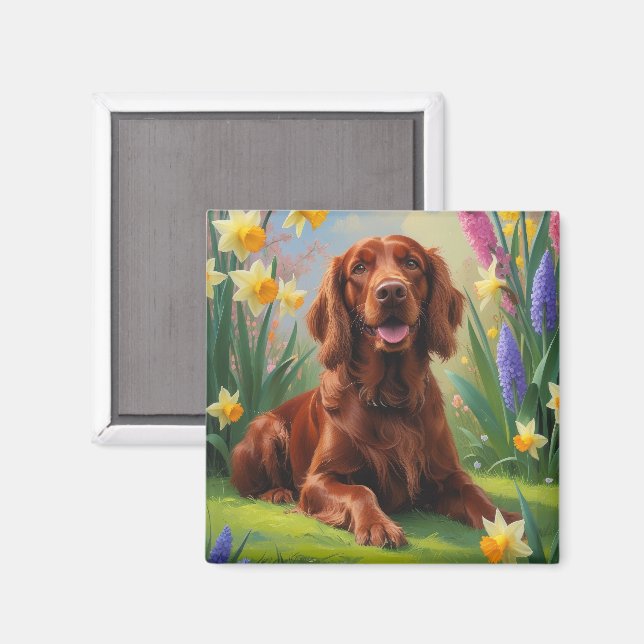 Irländsk röd setter hund vårblommor målning  magnet (Front/Back)