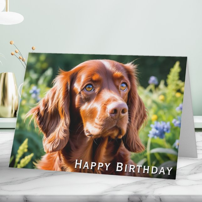 Irlandsk Röd Setter Hundälskare Födelsedag Kort (A birthday card with picture of an Irish Red Setter dog in a garden)