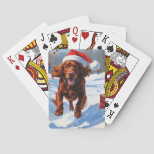 Irländsk Röd Setter som springer i snö med julhatt Casinokort