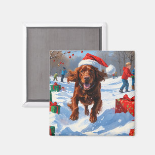 Irländsk Röd Setter Springande i Snö med Julhatt Magnet