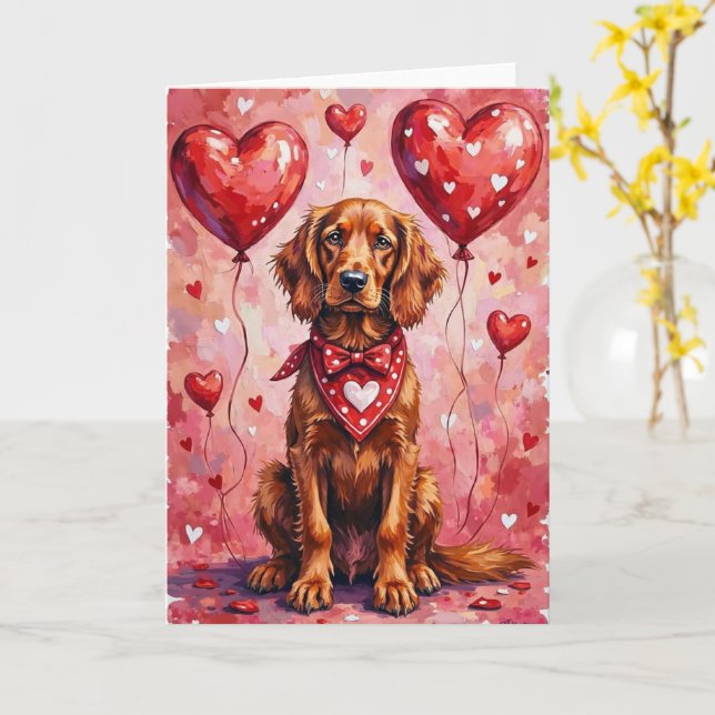 Irländsk Röd Setter Valentine Hund Sitter med Hjär Kort (Gul blomma)