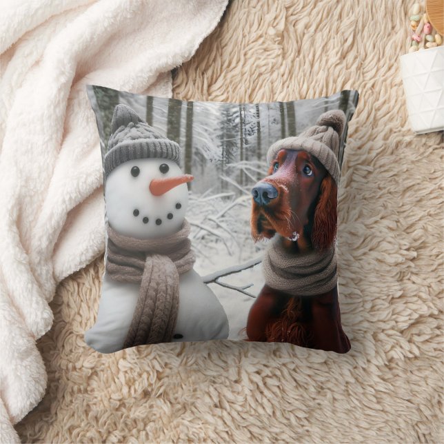 Irländsk Setter Hund Med En Snöman Kudde (Filt)